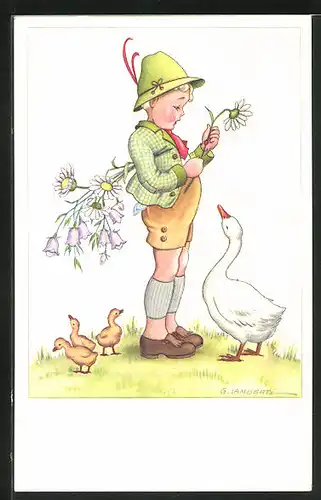 Künstler-AK sign. G. Lambertz: Junge in Tracht mit Blume und Gans
