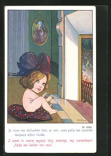 Künstler-AK sign. S. Gibson: Nackte Frau mit Schleife sitzt vorm Kamin