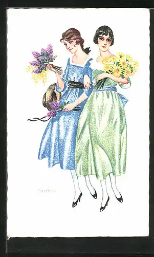 Künstler-AK sign. Grimm: Zwei junge Damen mit Blumen