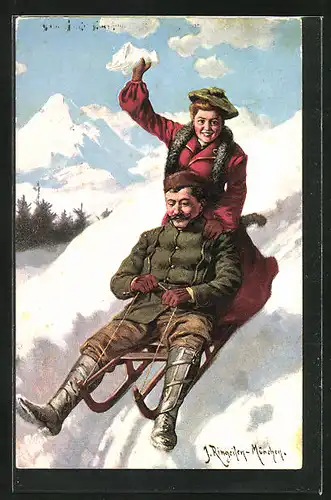 Künstler-AK sign. J. Ringeisen: Paar auf einem Schlitten im Schnee