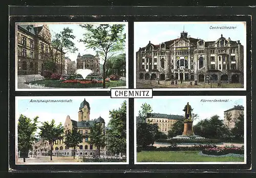 AK Chemnitz, Rathaus, Centraltheater, Körnerdenkmal
