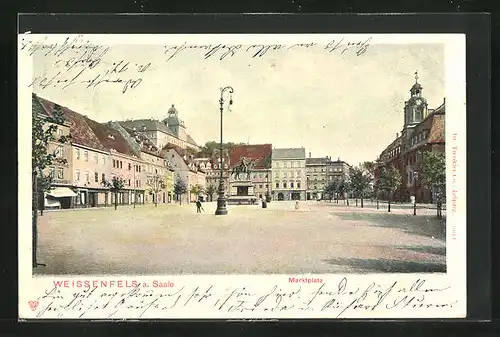 AK Weissenfels a. Saale, Marktplatz mit Geschäften und Denkmal