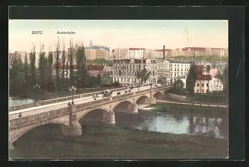 AK Zeitz, Auebrücke mit Hauswandwerbung für Geschäft von Wilh. Otto