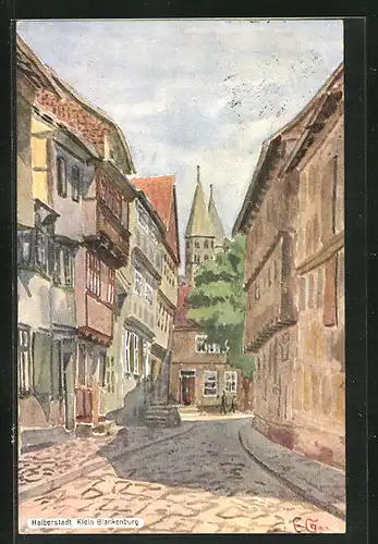 Künstler-AK Halberstadt, Strasse in Klein Blankenburg