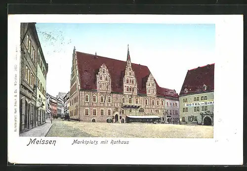 Goldfenster-AK Meissen, Marktplatz mit Hotel zum Hirsch & Rathaus