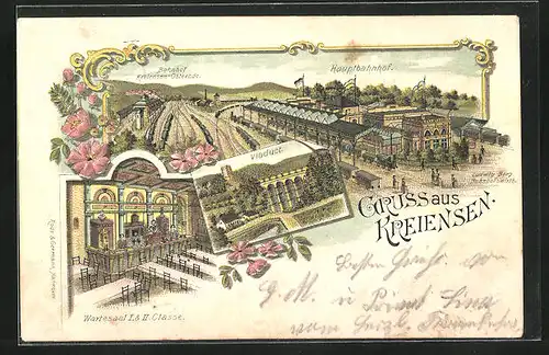 Lithographie Kreiensen, Totalansicht vom Hauptbahnhof, Wartesaal I. und II. Klasse