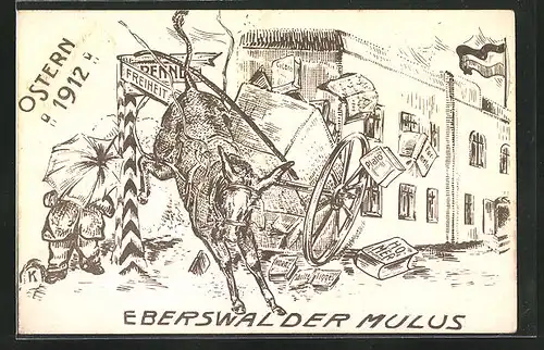 Künstler-AK Eberswalde, Mulus Ostern 1912, Absolvia, Esel kämpft sich frei