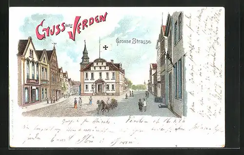 Lithographie Verden, Grosse Strasse mit Rathaus