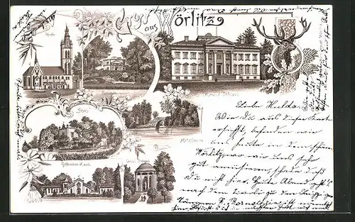 Lithographie Wörlitz, Villa Stein, Herzogl. Schloss, Pantheon