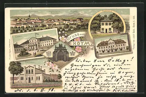 Lithographie Hoym, Buschhaus, Rathaus, Schloss, Schule