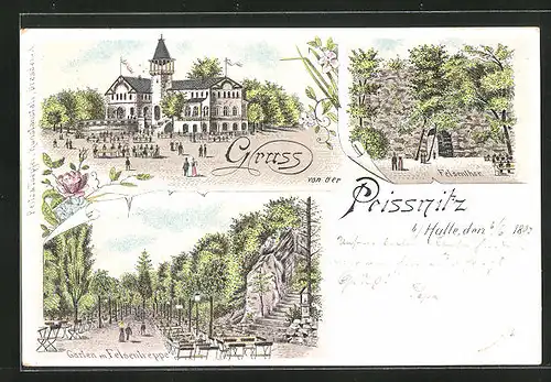 Lithographie Halle /Saale, Gasthaus Peissnitz, Garten mit Felsentreppe