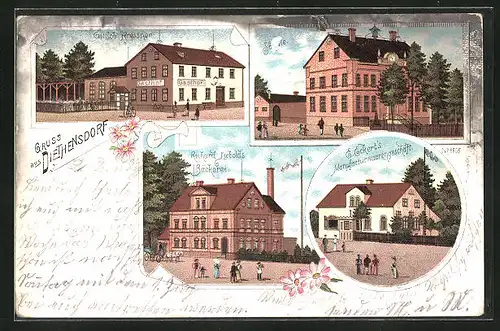 Lithographie Diethensdorf, Gasthof Gottlob Kressner, R. Liebolds Bäckerei, Geschäft von E. Eckert
