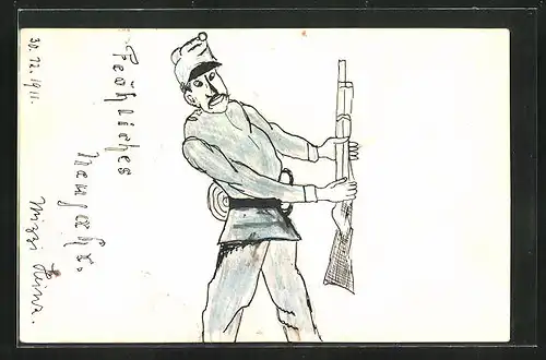 Künstler-AK Handgemalt: Neujahrsgruss, Österreichischer Soldat mit seinem Gewehr