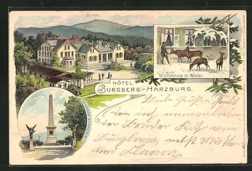 Lithographie Burgberg /Harzburg, Hotel mit Brocken, Wildfütterung im Winter