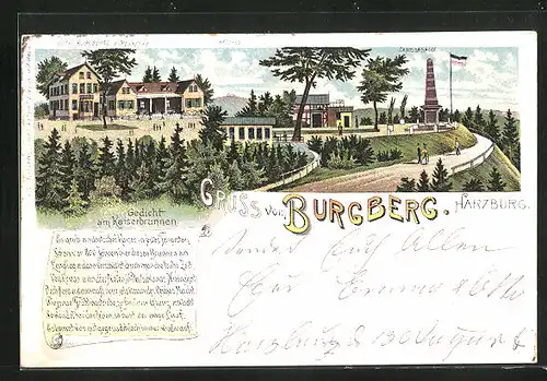 Lithographie Burgberg /Harzburg, Hotel Burgberge gegen Brocken