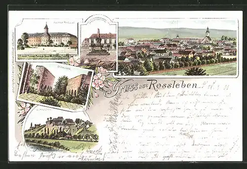 Lithographie Rossleben, Wendelstein, Memleben, Kloster, Panorama