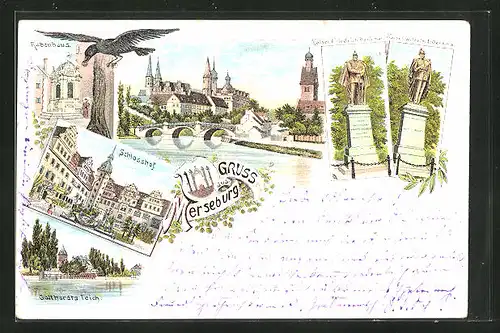Lithographie Merseburg, Schlosshof, Rabenhaus, Gotthardts Teich