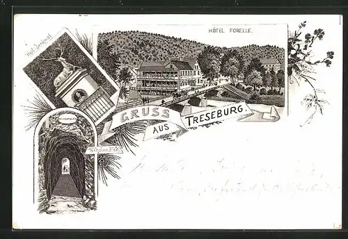 Lithographie Treseburg, Hotel Forelle, Wilhelms-Blick