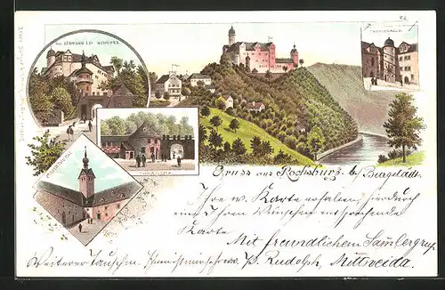 Lithographie Rochsburg b. Burgstädt, Schloss, Pulverturm, Thorhaus
