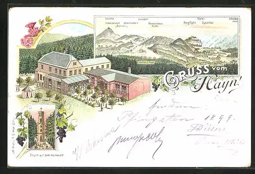 Lithographie Oybin, Gasthaus Forsthaus Hayn, Bergpanorama