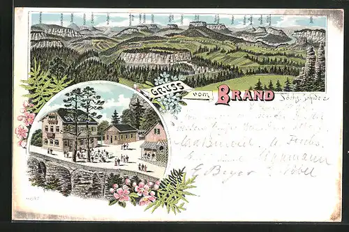 Lithographie Brand b. Schandau, Ortspartie mit Gasthaus, Bergpanorama der sächs. Schweiz