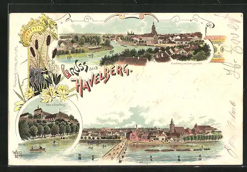 Lithographie Havelberg, Dom z. Havelberg, Panorama mit Fluss