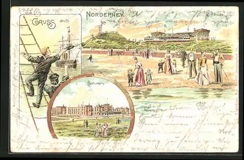 Lithographie Norderney, Seehospiz, Gasthaus Giftbude