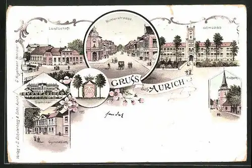 Lithographie Aurich, Norderstrasse, Seminar, Landschaft