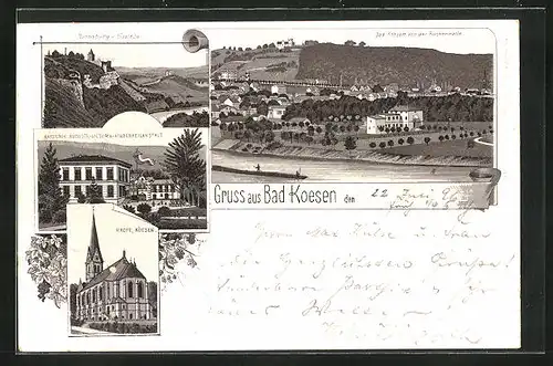 Lithographie Bad Koesen, Kaiserin Auguste-Victoria-Kinderheilanstalt, Rudelburg u. Saaleck