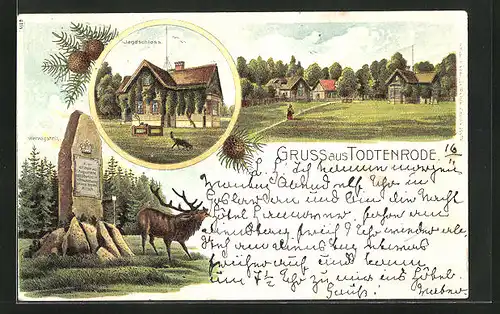 Lithographie Totenrode, Jagdschloss, Gedenkstein mit Hirsch, Panorama