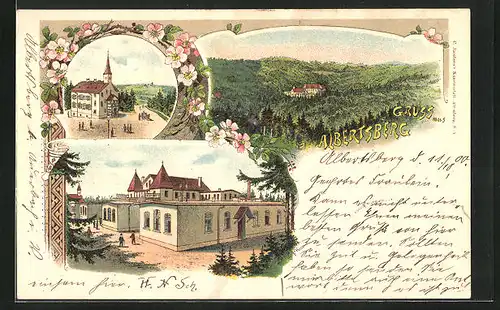 Lithographie Albertsberg, Kirche, Haus im Wald, Ortspartie