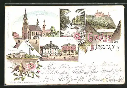 Lithographie Burgstädt i. S., Taurastein, Kirche, Schule