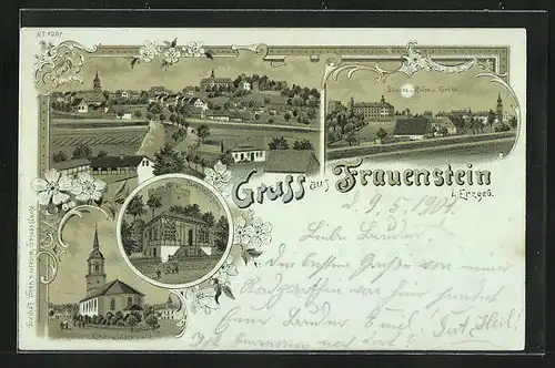 Mondschein-Lithographie Frauenstein /Erzgeb., Parkschlösschen, Schloss mit Ruine