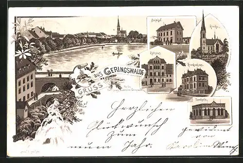 Vorläufer-Lithographie Geringswalde, 1892, Turnhalle, Bahnhof, Krankenhaus