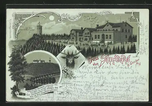 Mondschein-Lithographie Goslar, Gasthaus und Turm auf dem Steinberg