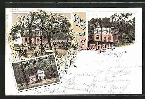 Lithographie Schöningen, Gasthof Elmhaus mit schattigem Garten