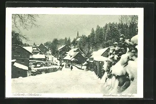 AK Schierke /Oberharz, Verschneite Dorfstrasse