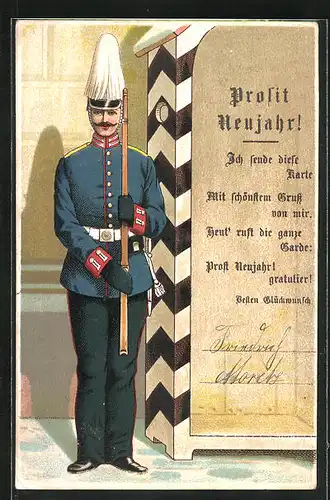Vorläufer-Lithographie Infanterist vorm Wachhäuschen sendet Neujahrsgrüsse, 1894