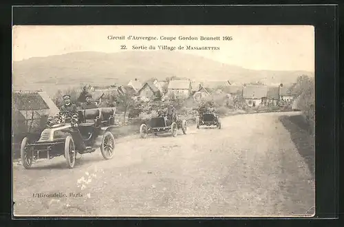 AK Circuit d`Auvergne, Coupe Gordon Bennett 1905, Sortie du Village de Massagettes, Autorennen