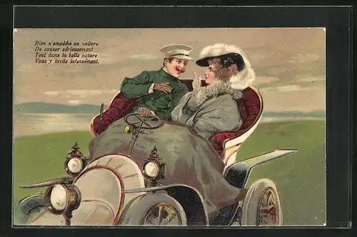 Präge-AK Elegant gekleidete Dame mit Mann im Auto