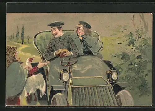 Präge-AK Paar im Auto kauft von Bäuerin eine Gans