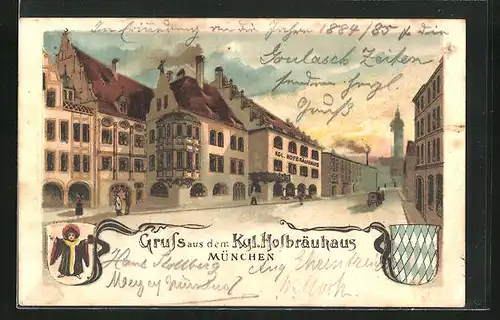 Lithographie Münchner Hofbräuhaus mit Münchner Kindl und Wappen