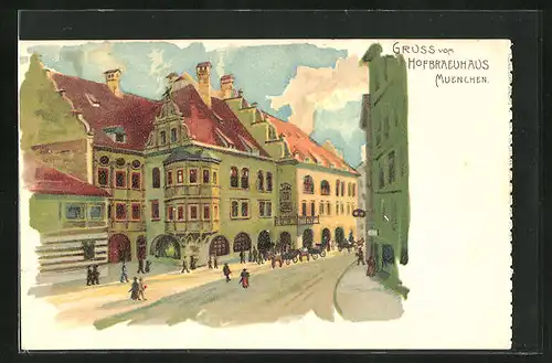 Lithographie Strasse am Münchner Hofbräuhaus