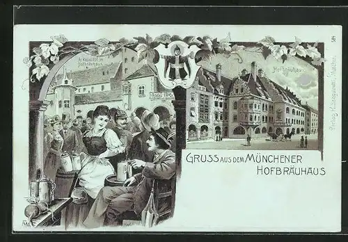 Mondschein-Lithographie München, Hofbräuhaus von aussen und Arkadenhof