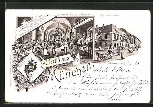 Lithographie München, Inneres des königl. Hofbräuhauses und von aussen