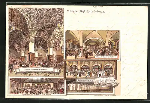 Lithographie München, Kgl. Hofbräuhaus - Grosse und kleine Parterre Bierhalle, Küchengang, Schenke