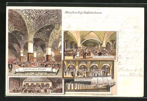 Lithographie München, Kgl. Hofbräuhaus - Grosse und kleine Parterre Bierhalle, Küchengang, Schenke