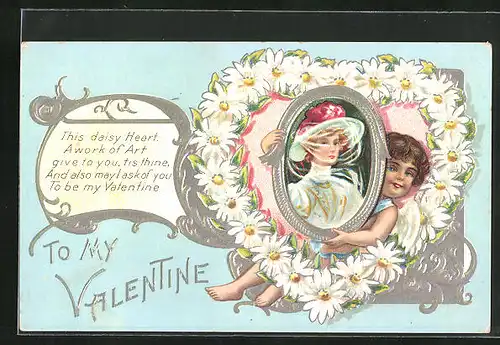 Präge-AK Valentinstag, Engel mit Bildnis einer jungen Frau von Blumen als Herz umrahmt