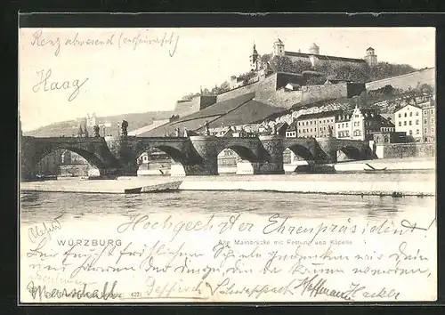 AK Würzburg, Alte Mainbrücke mit Festung und Käppele