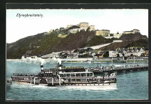 AK Koblenz, Blick zur Festung Ehrenbreitstein, Dampfer auf dem Rhein